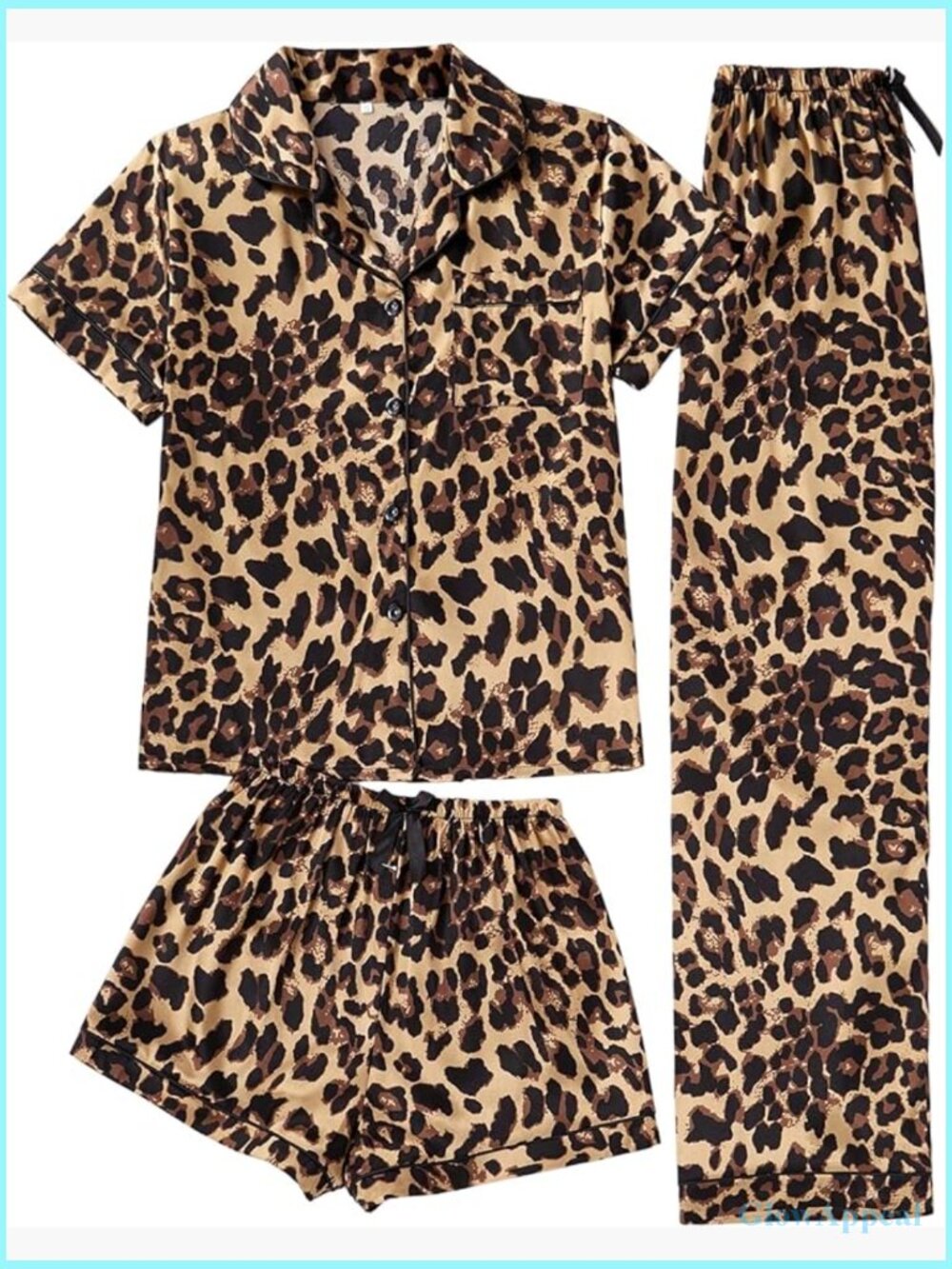3pc Leopard Pajama Set Short Sleeve Button Down Shirt & Shorts